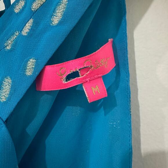 M Lilly Pulitzer Blue Gold Metallic Rory Halter Top - Picture 5 of 5